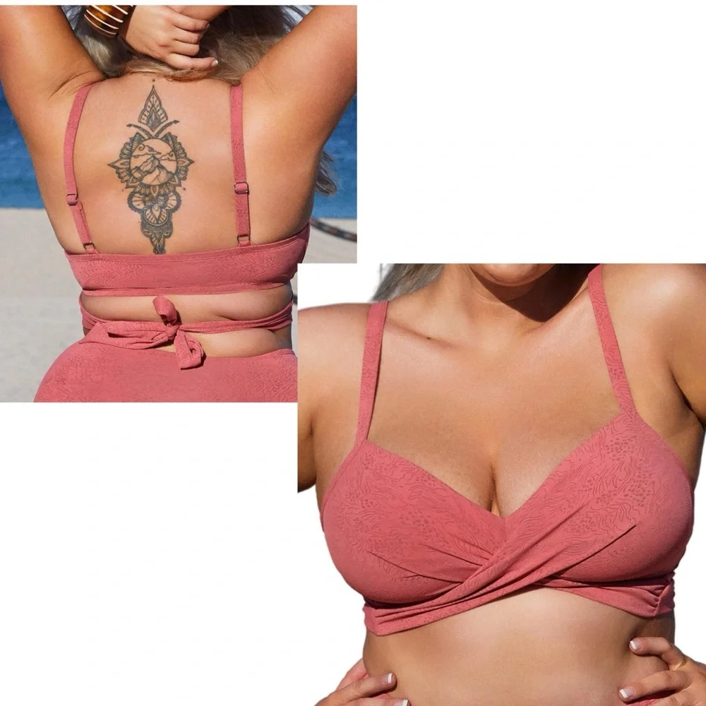 Women Swimsuit Plus Size Bikini Top V Neck Wrapped Adjustable Straps Back Tie 2X